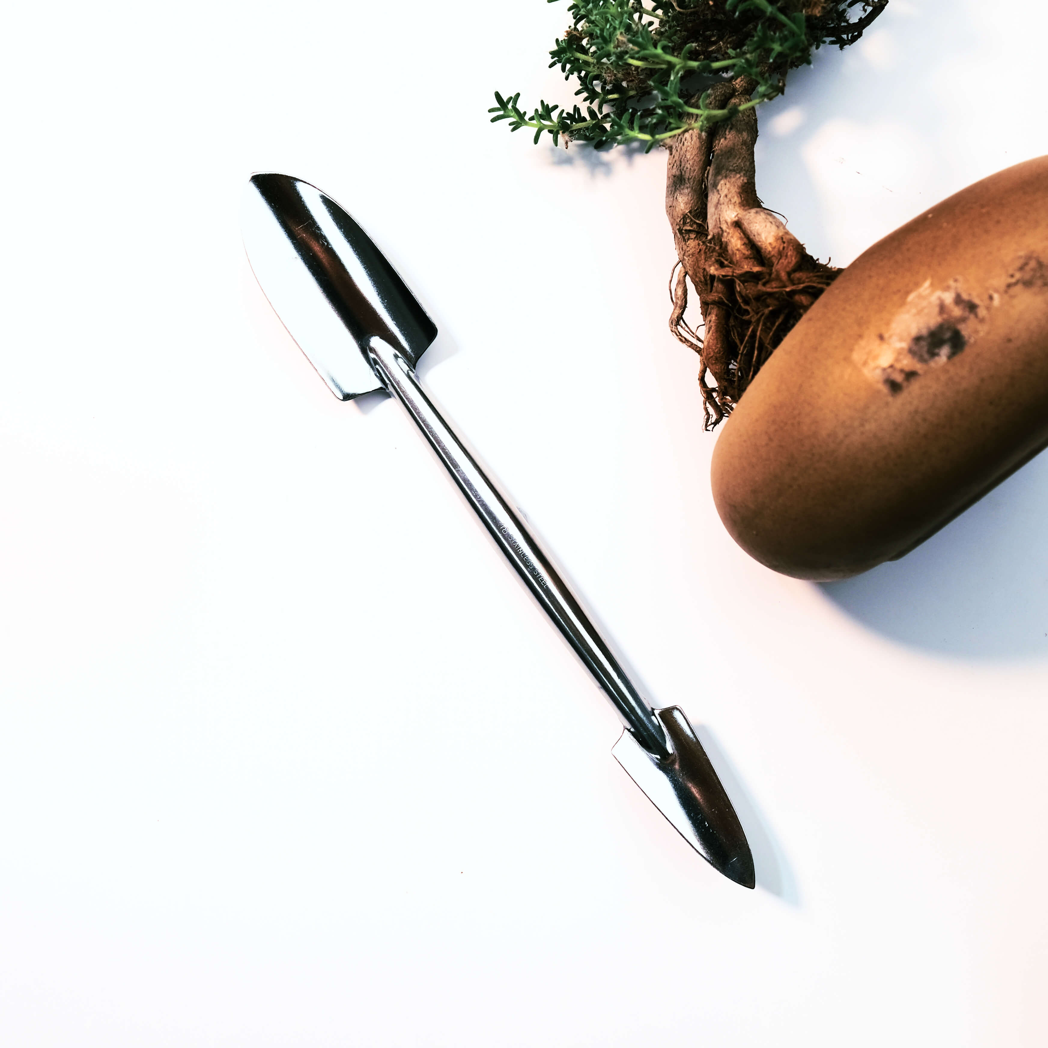 Pelle incurvée double embout pour bonsaï, 255 mm, acier inoxydable