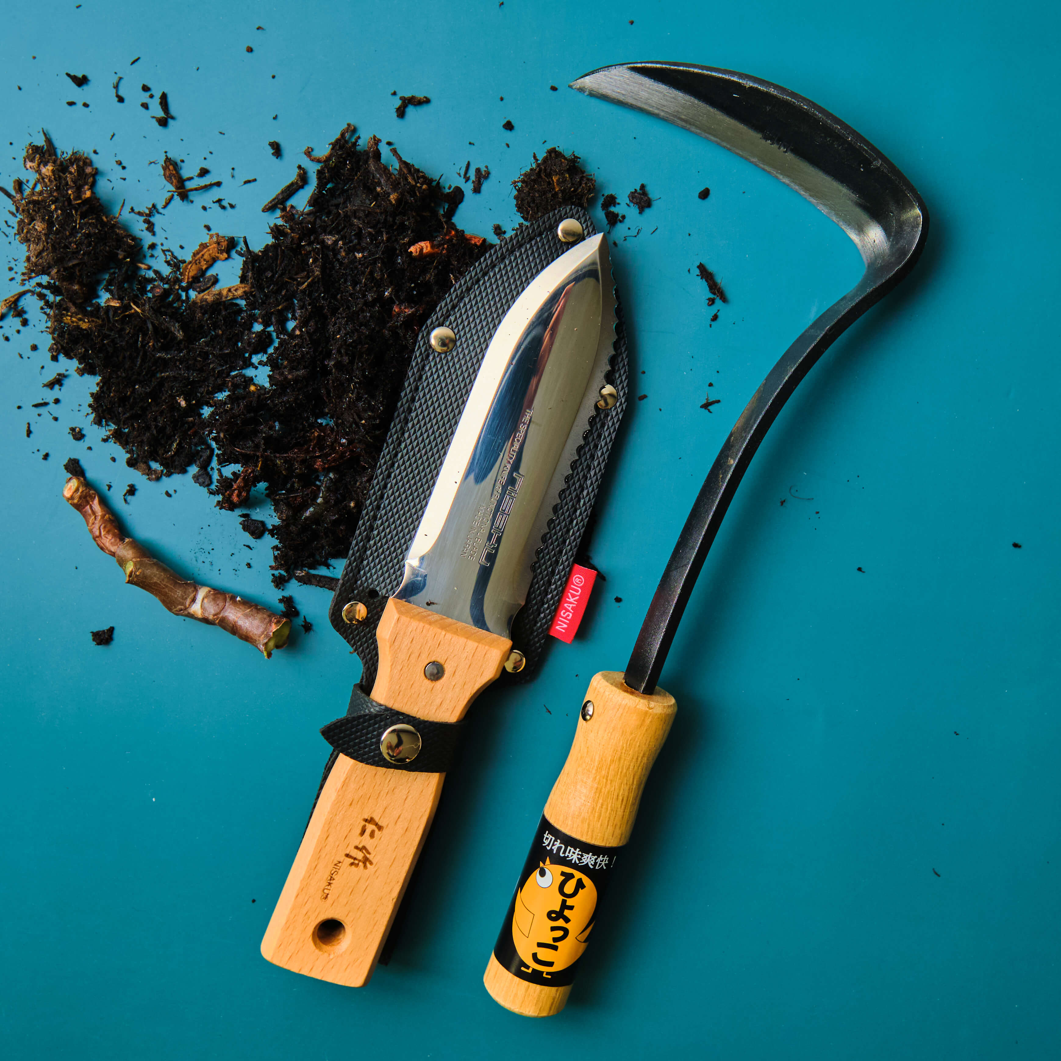Couteau de jardin à double tranchant avec étui en cuir, lame en acier à haute teneur en carbone de 17 cm