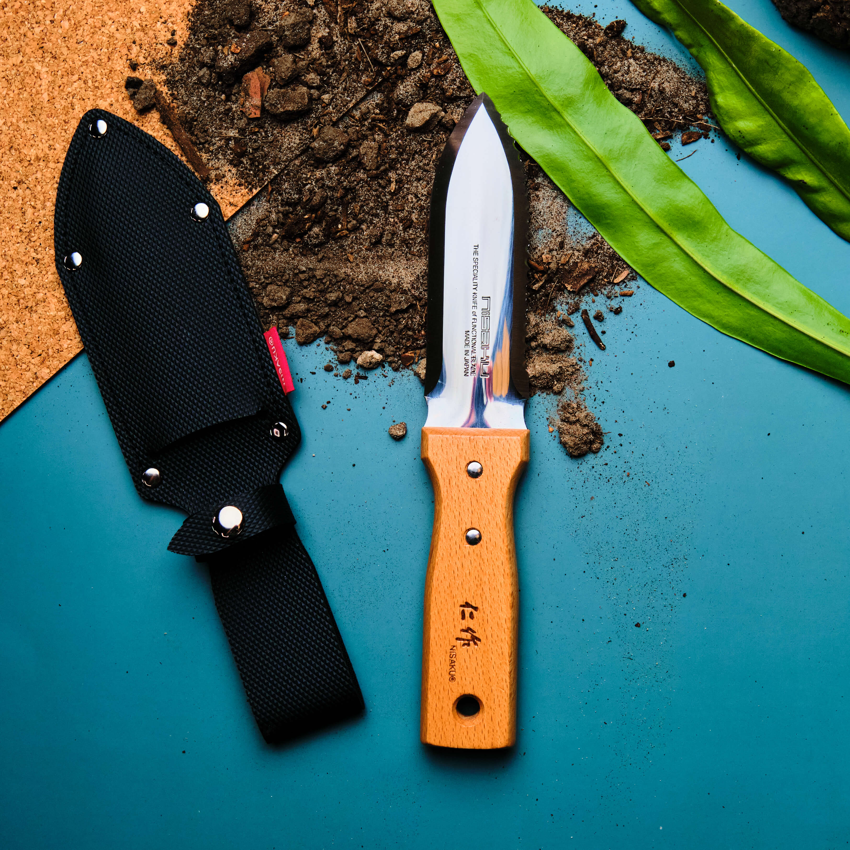 Couteau de jardin à double tranchant avec étui en cuir, lame en acier à haute teneur en carbone de 17 cm