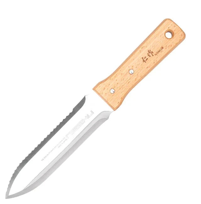Couteau de fouille Hori Hori japonais en acier inoxydable avec lame dentelée et manche noir
